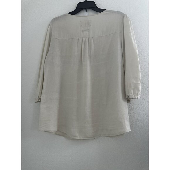 Malvin I love Linen Germany Womens Blouse L Tan‎ 100% Linen Crochet Boho Peasant - Picture 6 of 13